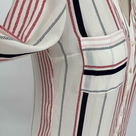 Express Women's Fortofino Shirt Slim Fit Long Roll Tab Sleeve Cream multi Stripe - Picture 11 of 14